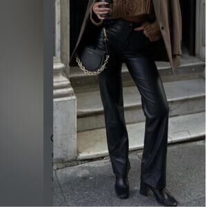 Zara Black STRAIGHT FIT LONG LENGTH MID RISE FAUX LEATHER TROUSERS Size 4
